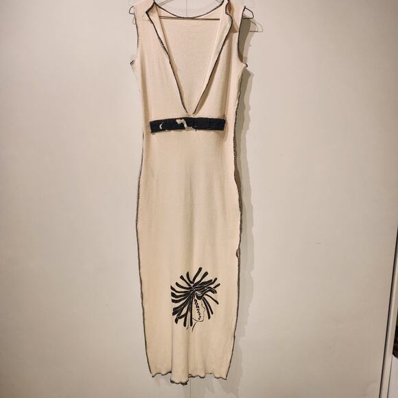 Afrocentric 'Born Natty' Dreadlocs Bodycon Boho Sleeveless Dress Sz Medium Cream - Picture 9 of 9